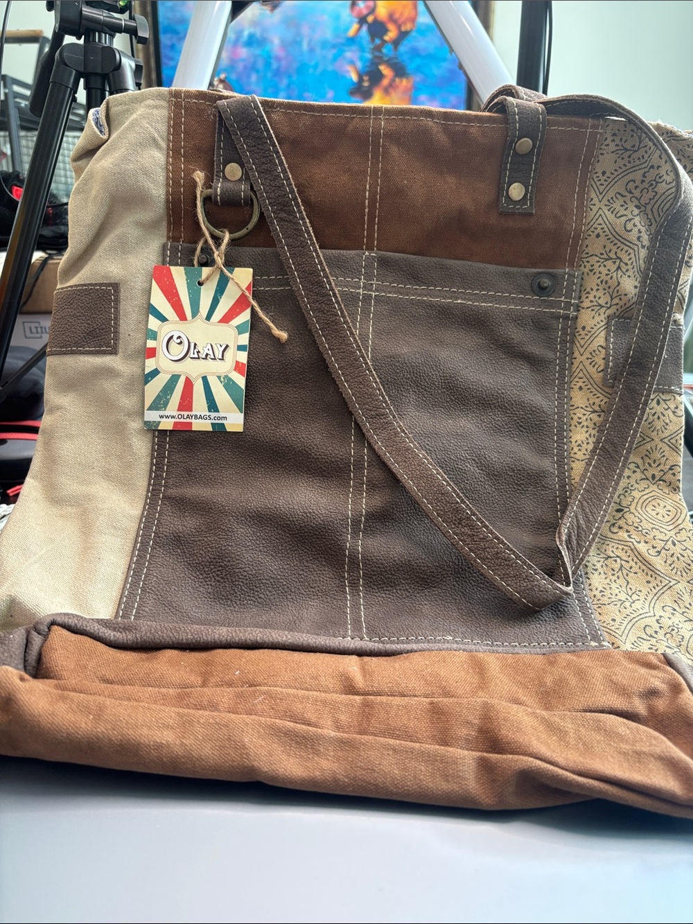 OLAY Patchwork Canvas Messenger Bag in Brown and Beige